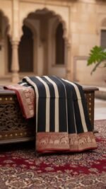 Pure Modal Saree (Black stripes with red zari border) - Image 2