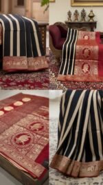Pure Modal Saree (Black stripes with red zari border) - Image 4