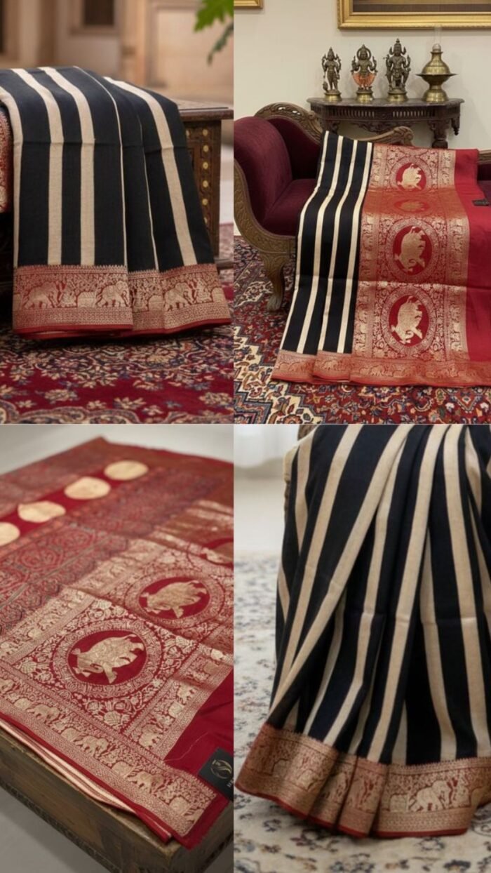 Pure Modal Saree (Black stripes with red zari border) - Image 4