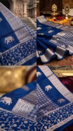 Art Silk Saree (Royal Blue with elephant print) - Image 2