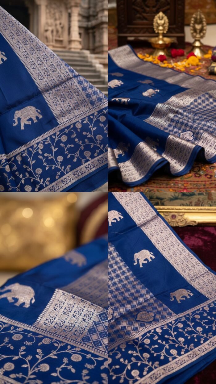 Art Silk Saree (Royal Blue with elephant print) - Image 2