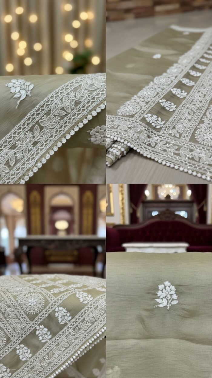 Organza with Chikankari work Saree (Water) - Image 3