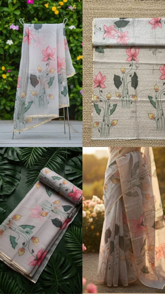 Semi Organza Saree (Grey with Floral Digital Print) - Image 2