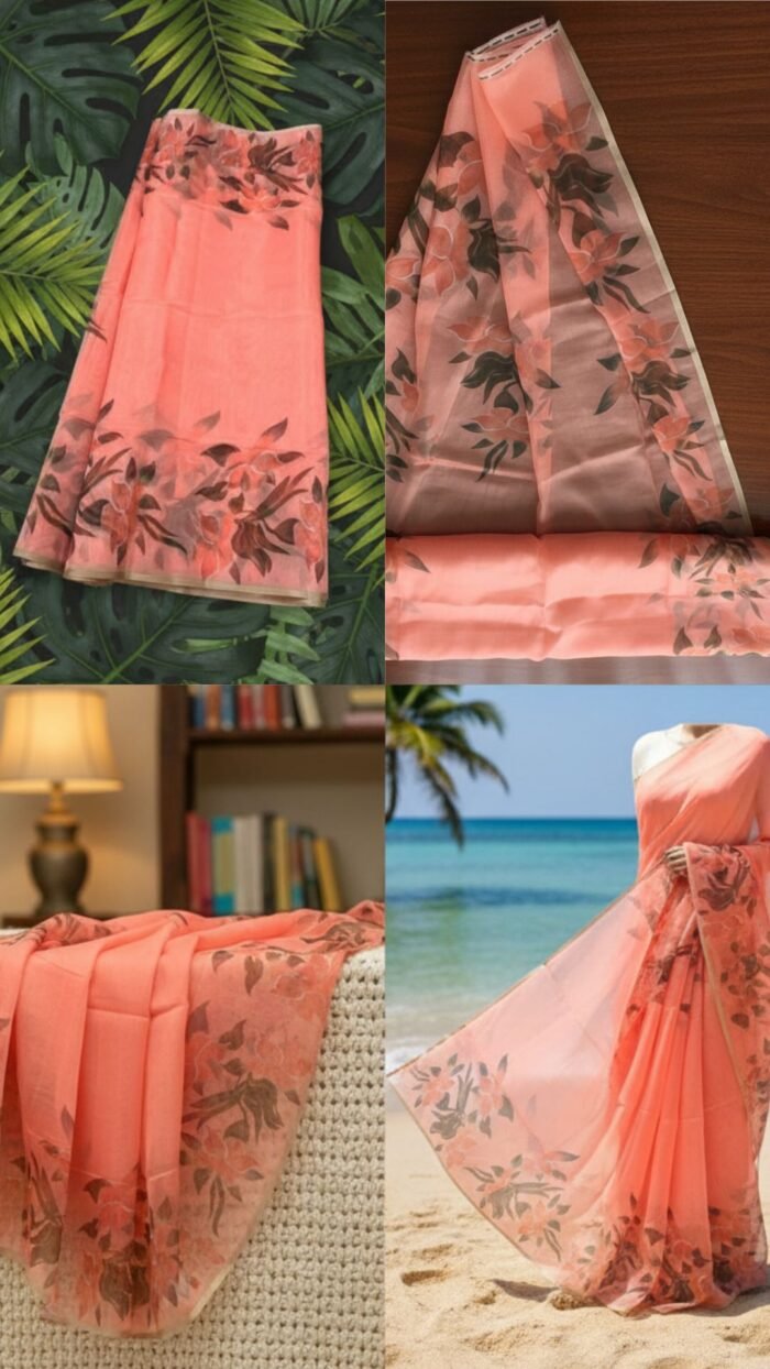 Semi Organza Saree (Orange) - Image 2