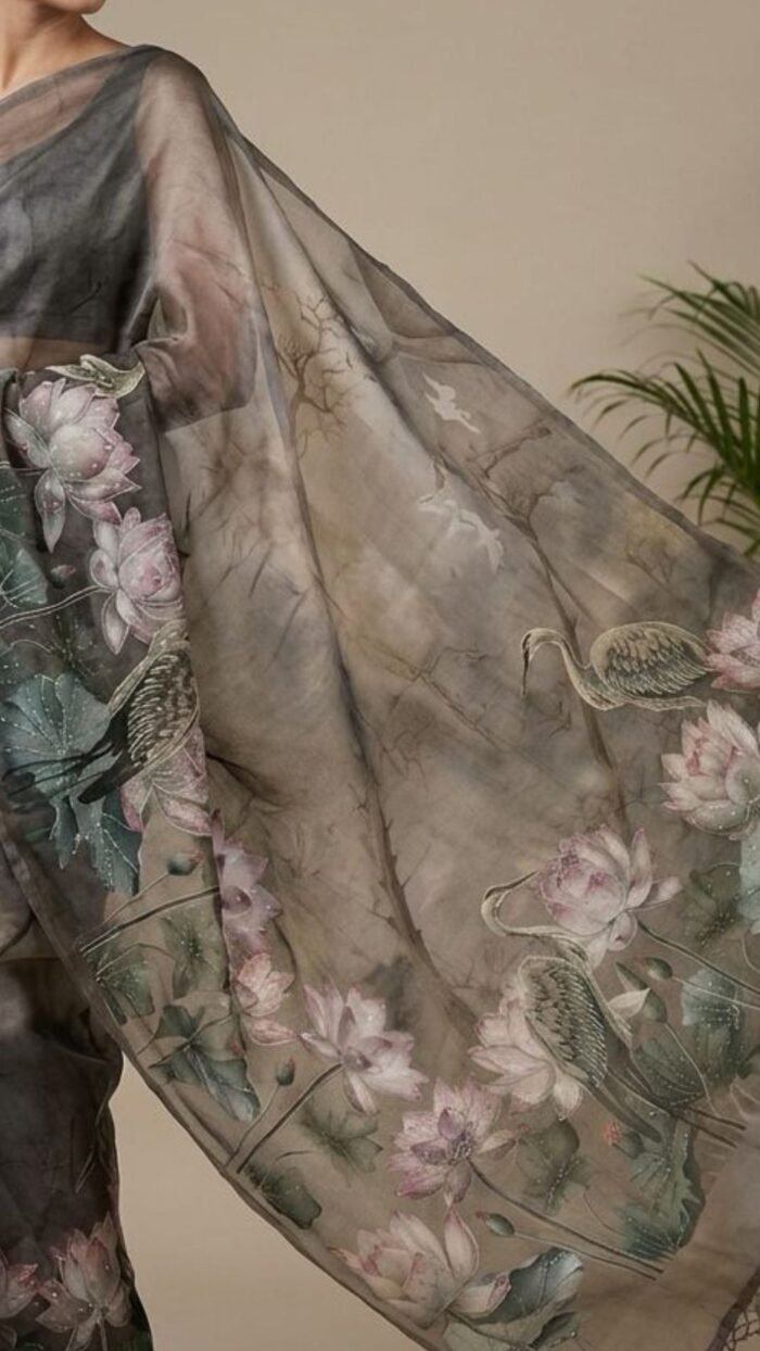 Organza with Aari work Saree (Forest theme) - Dark Grey - Image 2