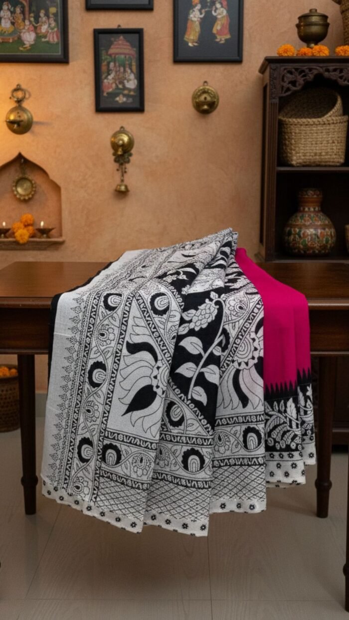 Pure Cotton Saree (Pink and White) - Image 3